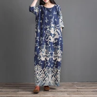 free shipping 2021 new fashion chinese dragon print vintage loose plus size long mid calf one piece dress for women summer linen