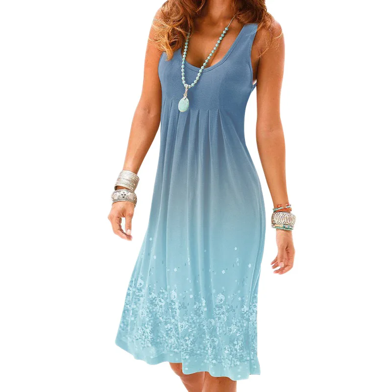 

2021 New Mid-length Sleeveless Dress Female Gradient Color Casual Skirt