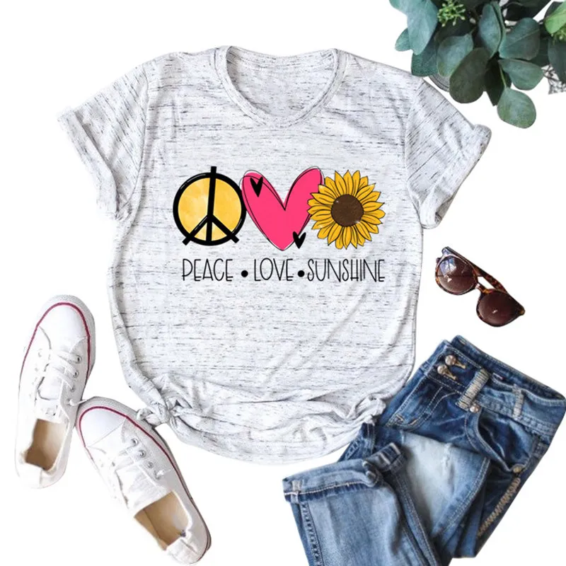Женская Мягкая футболка с надписью Peace Love Sunshine и Hipster Повседневная графикой