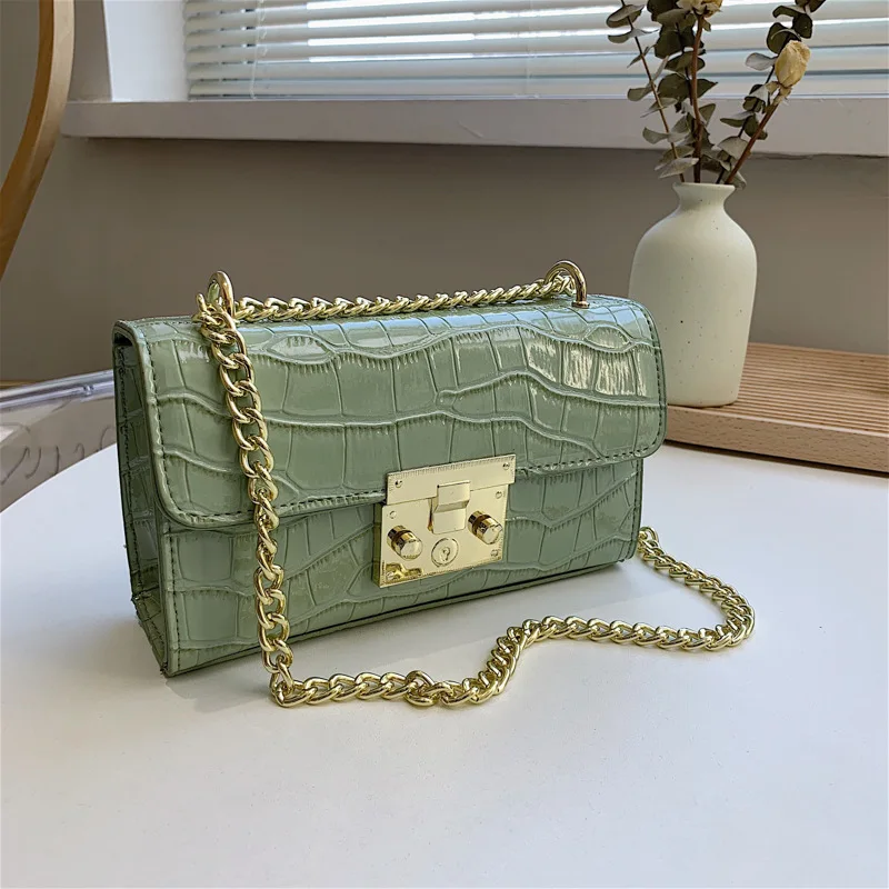 

Simple atmosphere Solid Color Flap PU Leather Crocodile grain lock chain small square bag fashion shoulder cross-body bag Handb