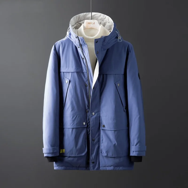 

Синий функциональный пуховик для инструментов, Мужская Повседневная зимняя куртка средней длины с воротником-стойкой и большими карманами...