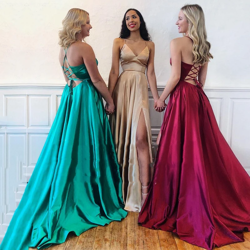 

Burgundy Evening Dress Spaghetti Strap V-Neck Satin Side Split Prom Gown Party Dress Lace Up Back Graduation Dresses 2020