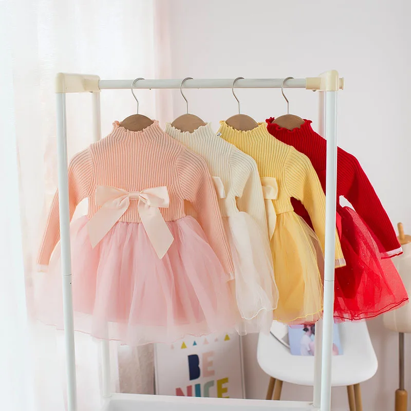 

MILANCEL 2022 Spring New Kids Clothes Knitted Girls Dress Long Sleeve Girl One Piece Solid Children Dresses