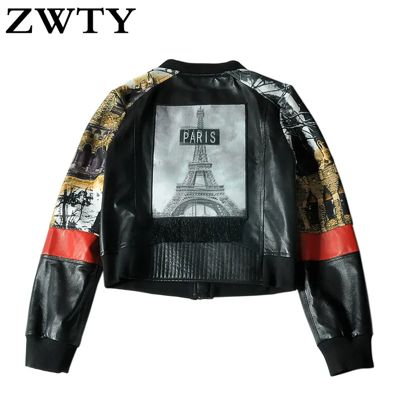 ZWTY 100% Genuine Leather Gackets Female Sheepskin Patchwork Printed Baseball Uniform Round Neck Casual Short Leather jacket coa