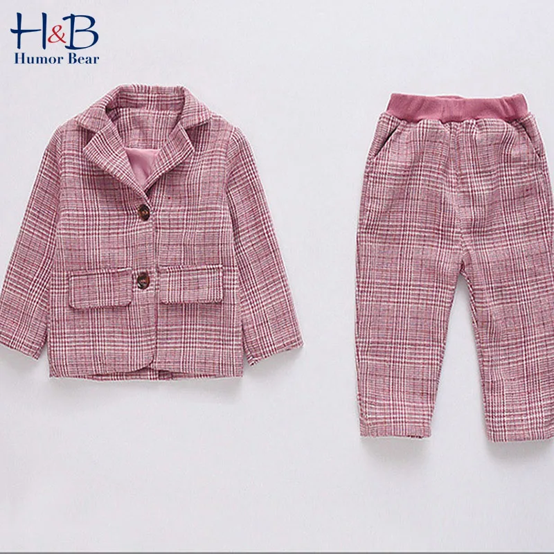 

Humor Bear Girl Clothes Sets Spring Autumn Long Sleeve Plaid Printed Outerwear +Long Pants 2pcs Outfit Casual Clothes
