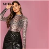 SHEIN многоцветный змеиный принт Сетка Прозрачная Тонкая футболка Топ для женщин Весна Лето с длинным рукавом стоячий воротник сексуальные топы