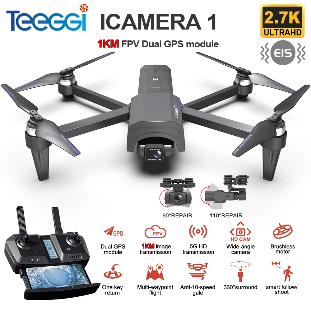 

Teeggi iCamera1 GPS Profesional Drone 2-axis Anti-Shake Gimbal Camera 5G WiFi FPV Brushless Motor Quadcopter RC Dron