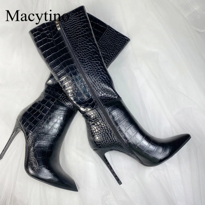 

Winter new black cowhide crocodile pattern high-heeled boots brown mid-tube boots full leather boots inside and outside women's