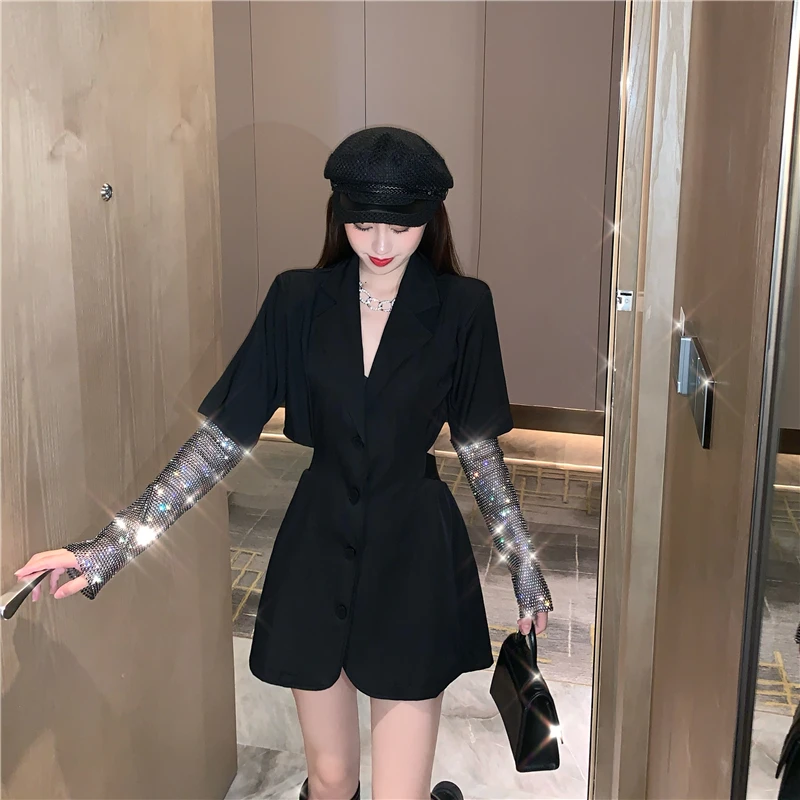 

Hollow waist Elegant Fashion Bubble Shoulder Suit Dress Female Diamonds Hollow V Neck Slim Korean Style Black Women Dresses 987B