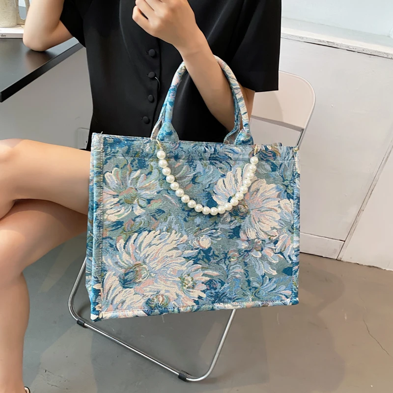 

Handbag 2021 Women's Brand Luxury Oil Painting Vintage Canvas Tote Bags For Women Classic Square Handle Bags Lady Crossbody Bag
