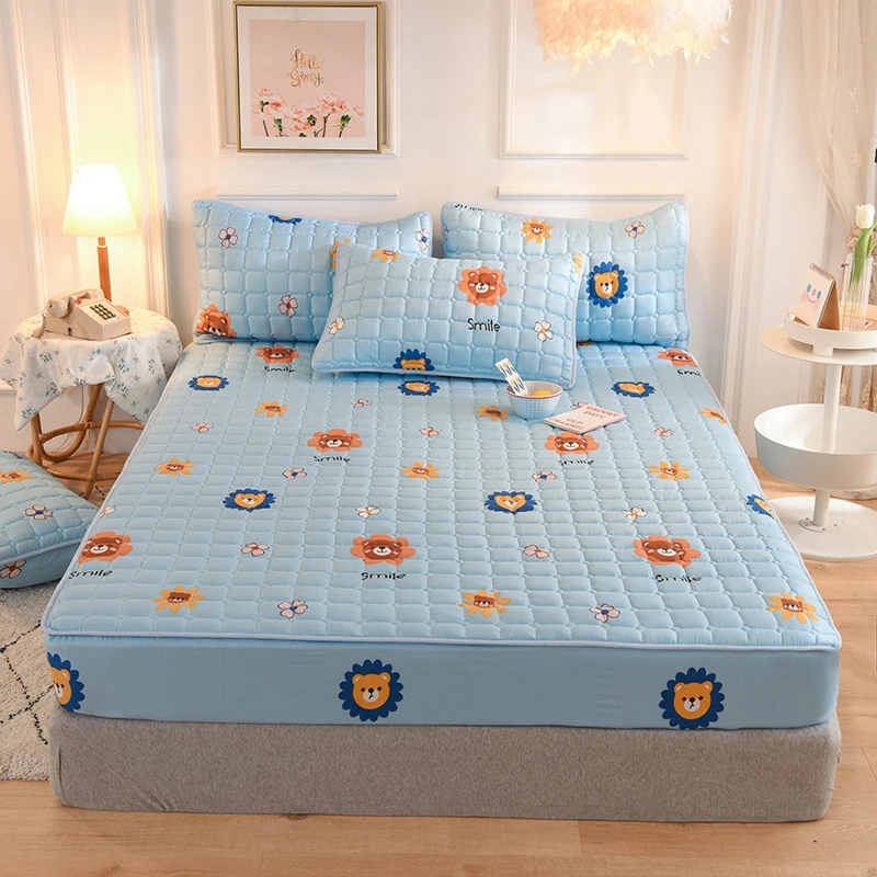 

Waterproof Fitted Bed Sheet Cotton Mattress Cover With Elastic Band Printed Quilted Bedspread Thicken Soft Queen Bed Sheet