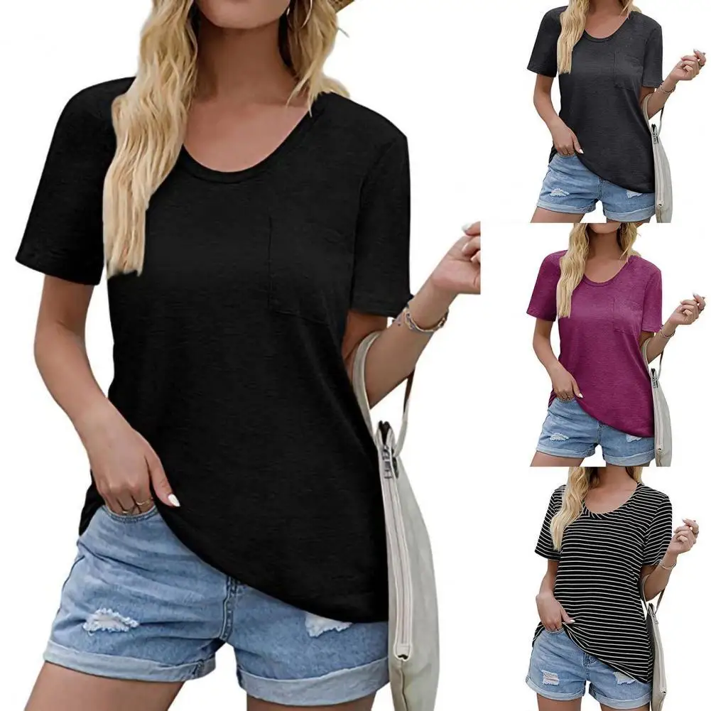 

T shirt for women summer black Women Solid Color Short Sleeve O Neck Pocket Loose T-shirt Tee Shirt Streetwear for Work