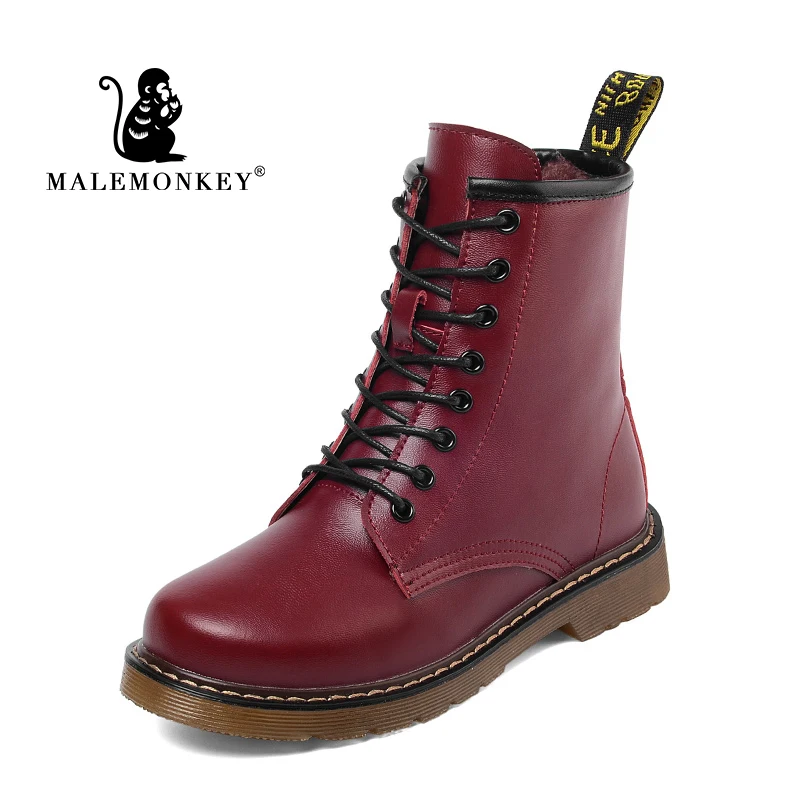 Snow Boots Winter Boot Fur Warm Comfortable Ankle Boots for Women Martin Boots Genuine Leather Shoes Flat Casual Booties - Цвет: Wine red