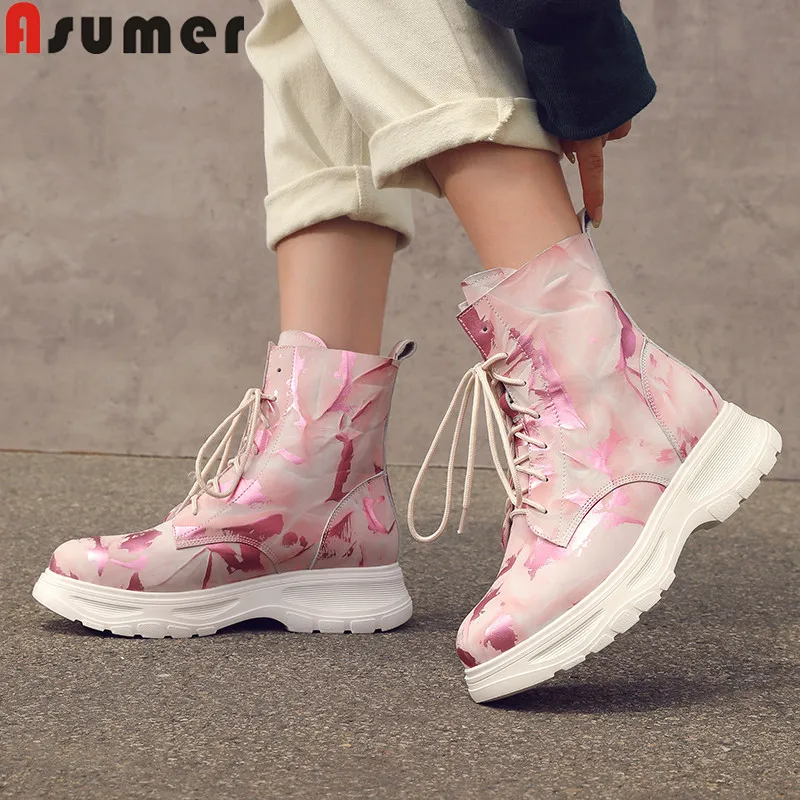 ASUMER/Новинка 2020 года Ботинки из натуральной кожи Обувь на плоской платформе