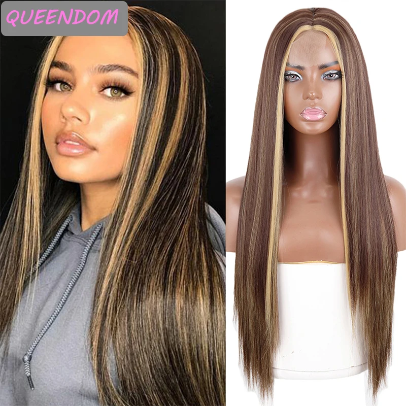 

Brown Mixed Blonde Lace Front Wig 30 '' Long Natural Synthetic Lace Wig for Black Women Heat Resistant Fiber Lolita Wigs Cosplay