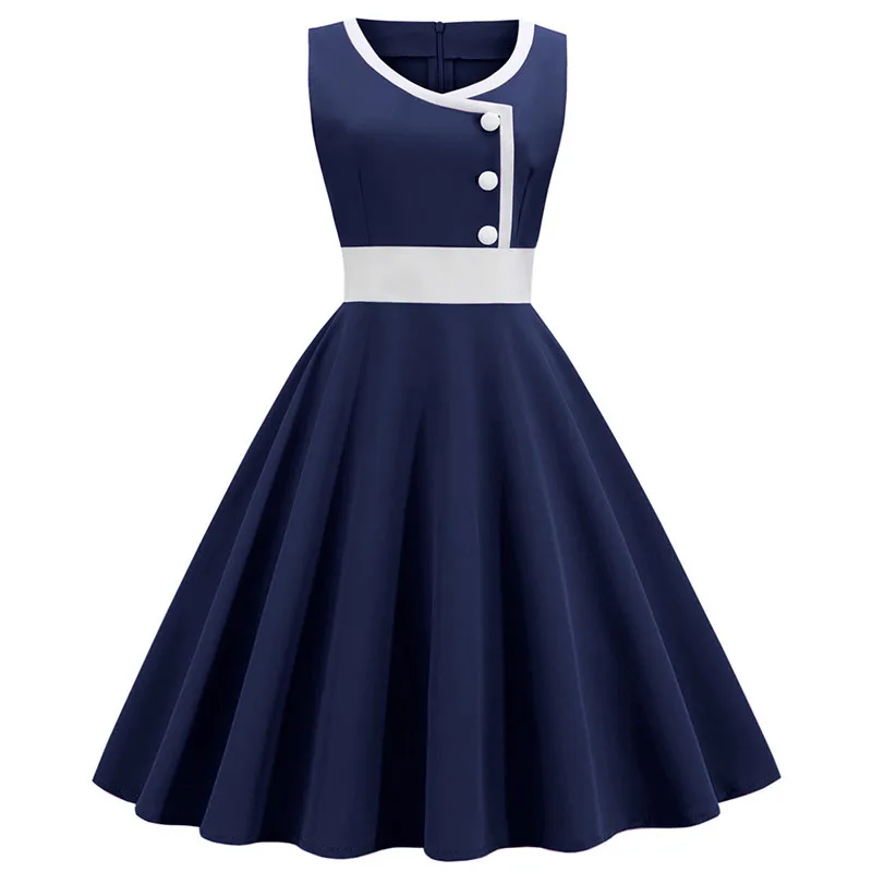 Фото Solid Vintage Women Summer Dress Sleeveless Casual Elegant Chic O Neck A-Line Knee-Length Party Dress №4