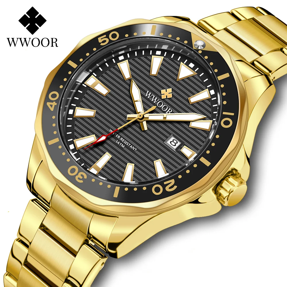 WWOOR 2021 New Milltary Gold Black Mens Watches Top Brand Luxury Sports Diver Quartz Waterproof Military Wristwatch Reloj Hombre