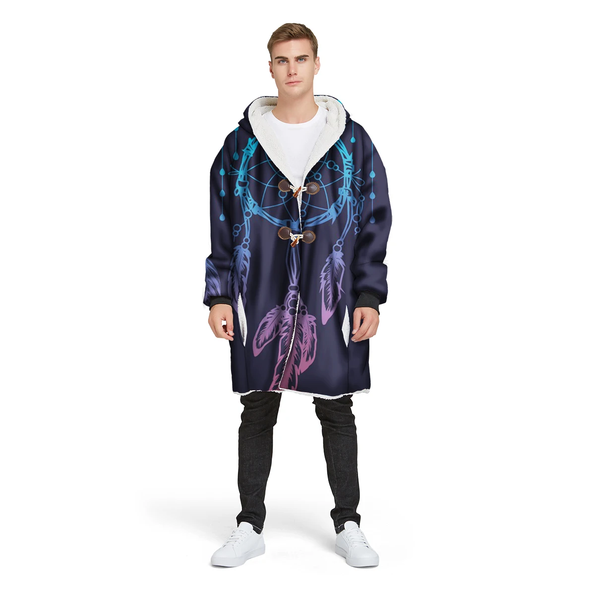 new brand 3D print custom design man's Sherpa coat loose long winter plus velvet jacket polyester hooded warm CL30