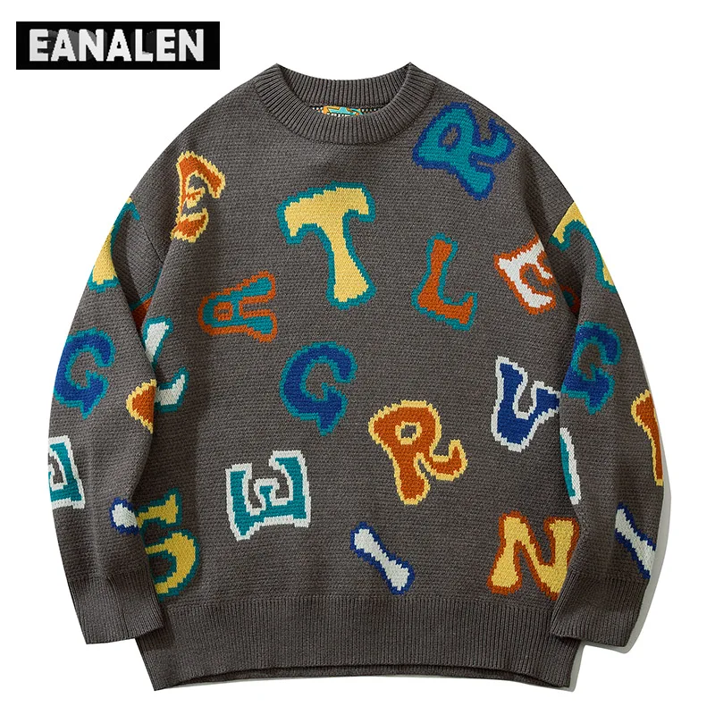 

Harajuku retro alphabet graphic knitted sweater men's hip hop graffiti anime ugly sweater jumper pullover women fashion