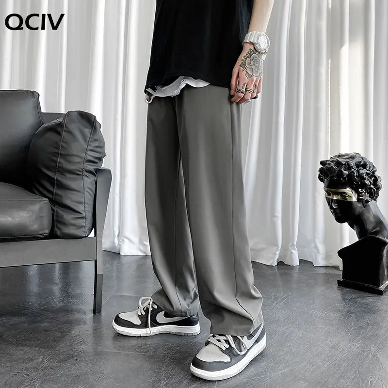 

Summer Silk Ice Wide Leg Pants For Men Streetwear Solid Color Casual Straight Pants Plus Size Trousers