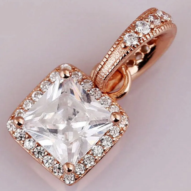 

Original 925 Sterling Silver Creative Rose Gold Square With Crystal Pendant Fit Pandora Women Bracelet & Necklace Diy Jewelry