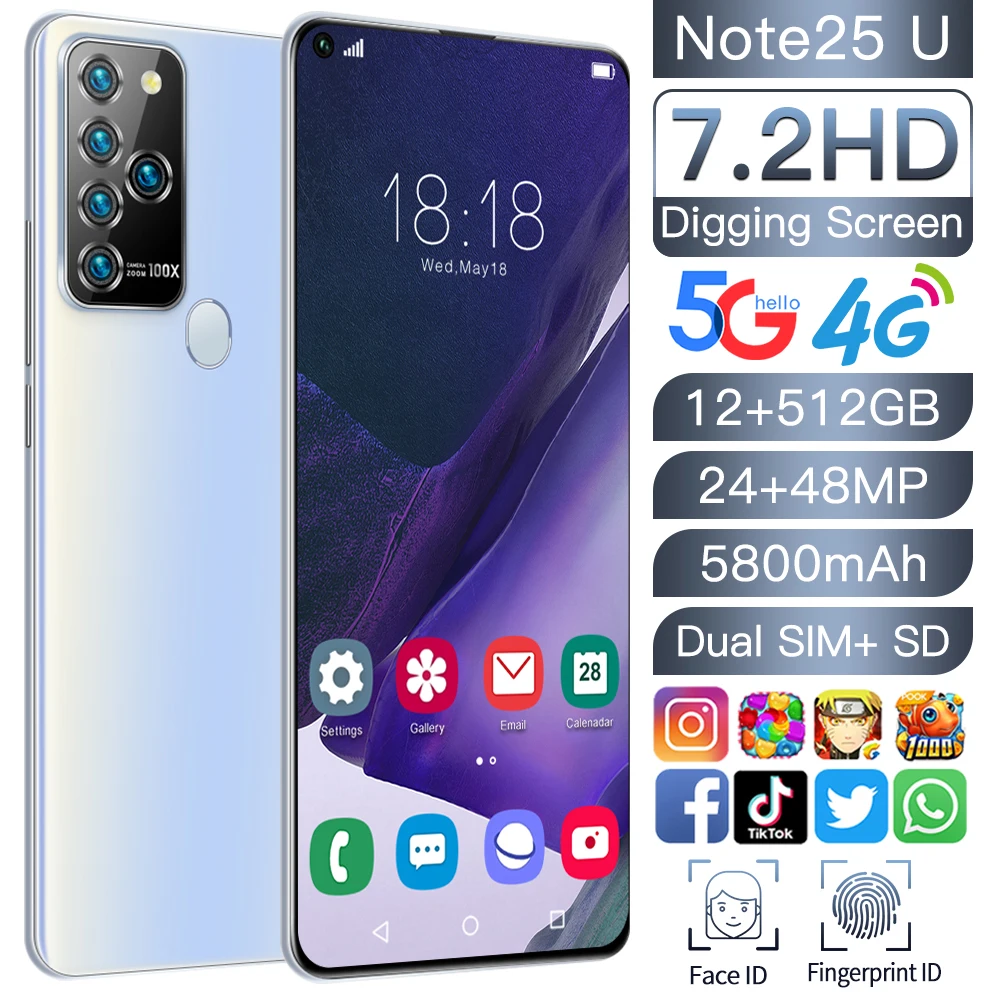 

Note25 U 7.2Inch Smartphone 5800mah Android 10 Dual SIM 5G 24MP+48MP HD Camera Face Wake 12+512GB Global Version Network Phone