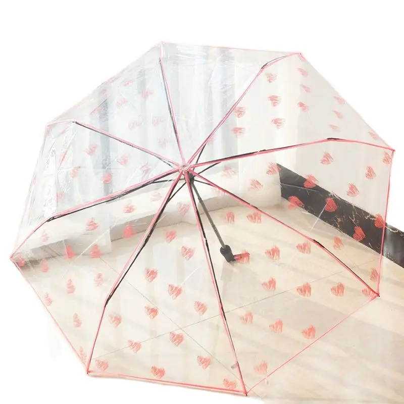 

Transparent Umbrella Three Folding Women Fresh Rain-Proof Girl Pink Love Heart Manual Travel Rain Umbrella