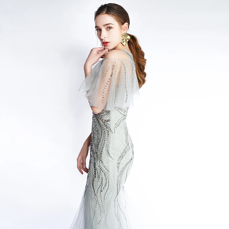 vestido de festa серые Выпускные платья длинное платье круглый вырез короткий рукав вечерние платья Женская официальная Хрустальная Русалочка платья для выпускного вечера