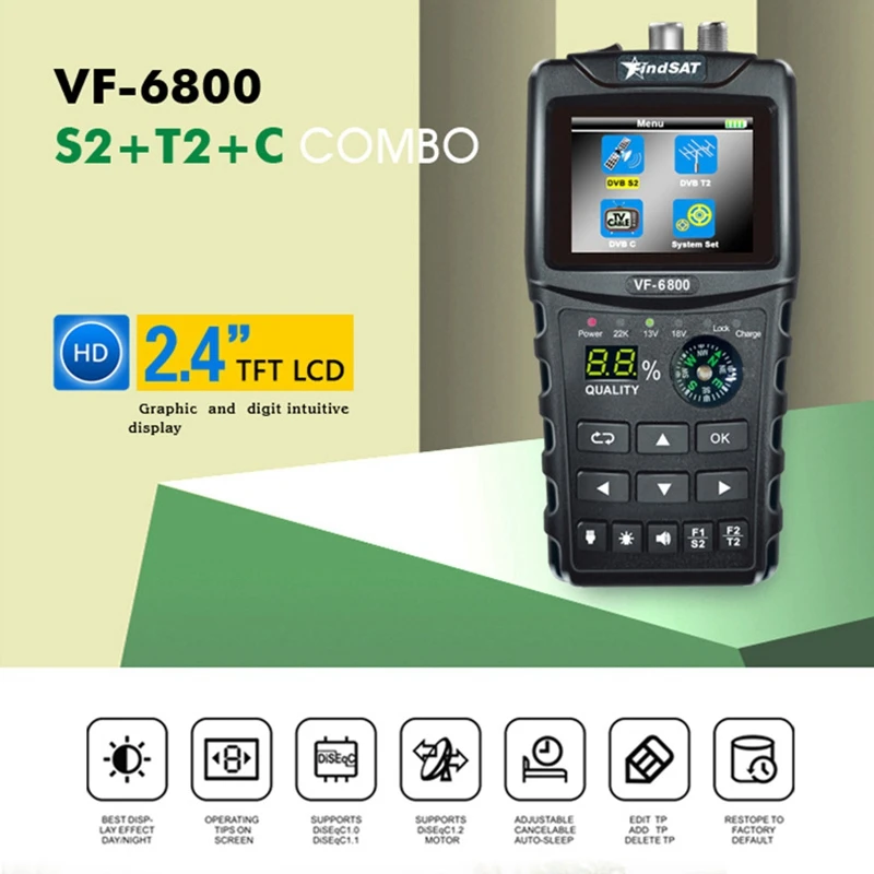 VF-6800 DVB-T2 DVB-S2 DVB-C Satellite Finder Sat Meter 2.4 Inch LCD DVB-T DVB-S HD Digital Satfinder US Plug | Электроника