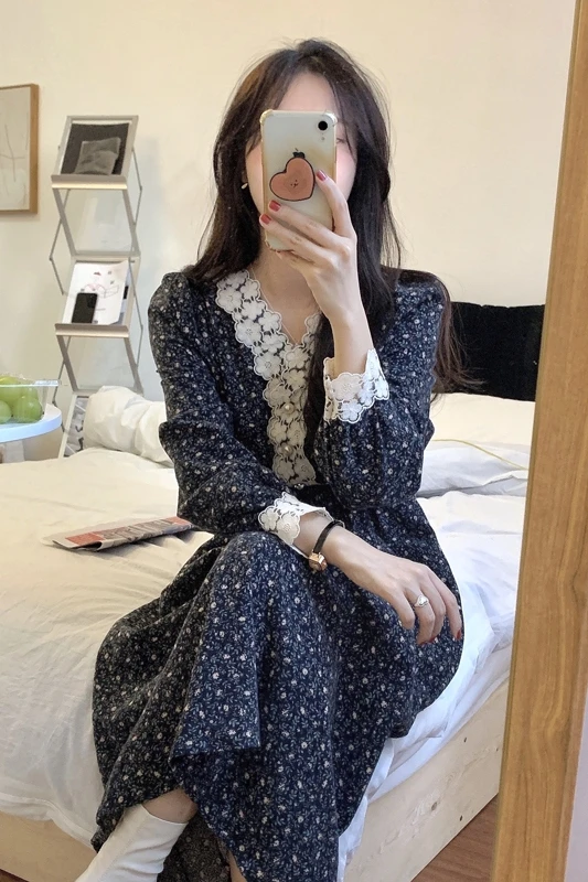 

Dresses for Women Summer Korean Elegant Lace Lace V-neck Floral Mid-Length Long Sleeves Dress Women Dresses