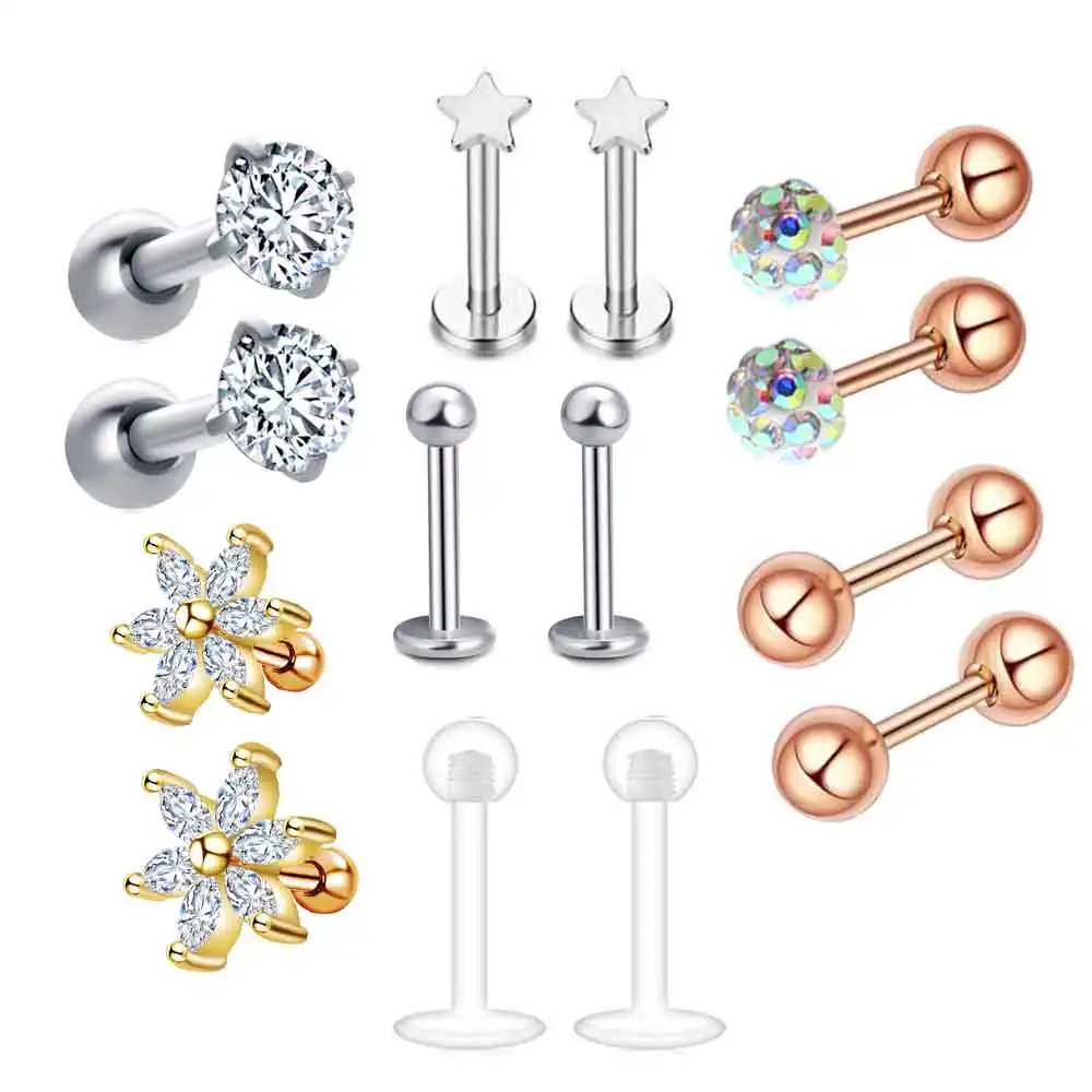 set2 16 г серьги-гвоздики в форме звезды, хряща, пирсинг для ушей, губ, Oreja, прозрачный драгоценный камень, проложили траву, пирсинг, пирсинг, ювелирное изделие - Окраска металла: set2