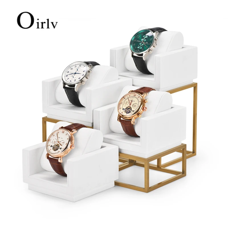 Oirlv Newly White Metal Watch Display Props Set Watch Display Stands with Microfiber Jewelry Organizer Stands for Shop Cabinet