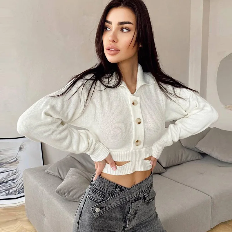 

NEW European and American wind winter women's lapel single-breasted fashion slimming revealed umbilical long-sleeved sweater