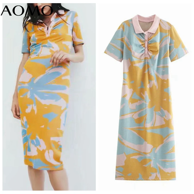 

AOMO 2021 Fashion Women Flowers Knit Sweater Dress Short Sleeve Ladies Warm Midi Dress 3H314A