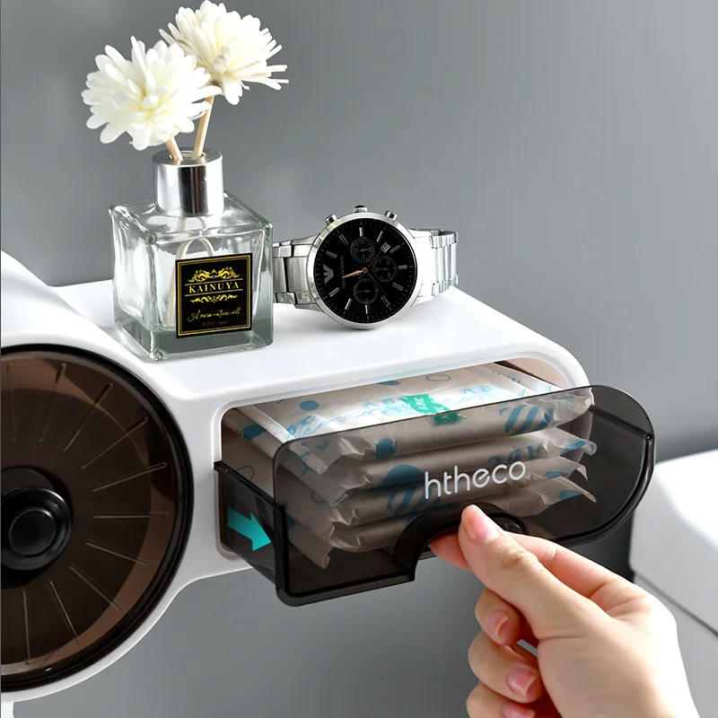 

Bathroom Waterproof Toilet Paper Towel Holder Wall Mount Plastic Toilet Paper Holder with Storage Shelf Rack Paper Storage Box