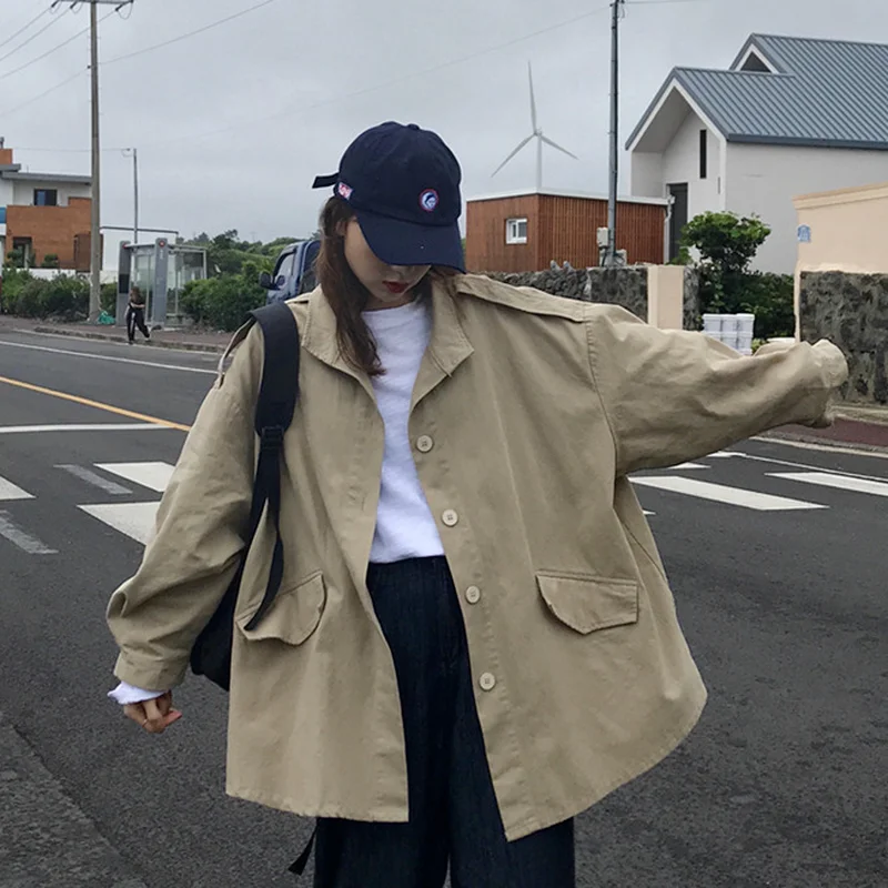 Trench Women Fashionable Gothic Japan Style Harajuku High Street Streetwear Solid Turn-down Collar Retro Bf Casual Coats Chic | Женская