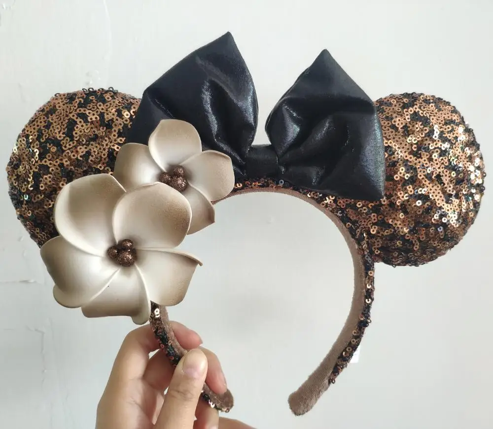 Новое поступление повязка на голову с цветами и золотыми ушками Микки Минни Маус