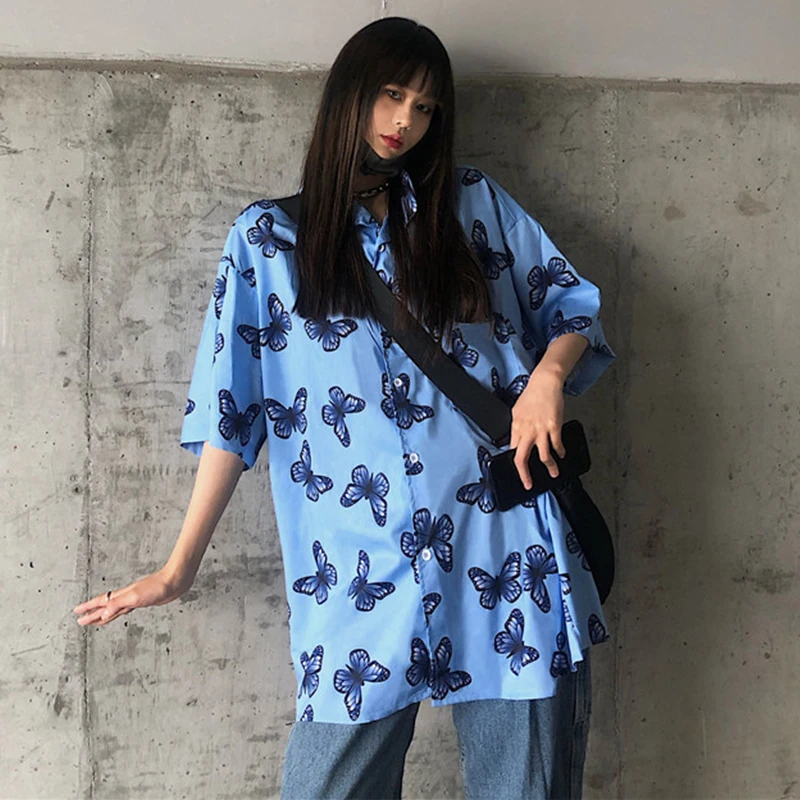 Harajuku рубашка оверсайз женские блузки Хай-стрит BF Стиль 2020 летние топы с коротким