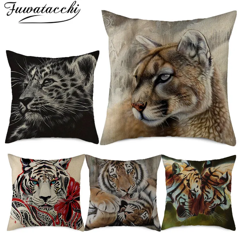Fuwatacchi Чистейшая льняная Тигр фото Чехлы жестокий зверь печатных наволочка для