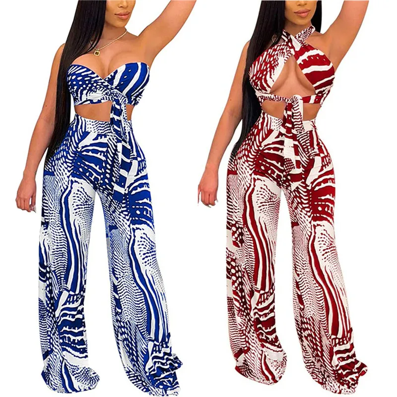 

Женский комплект одежды с принтом, летний повседневный комплект, короткий топ без рукавов с открытой спиной и шнуровкой и широкие брюки с вы...