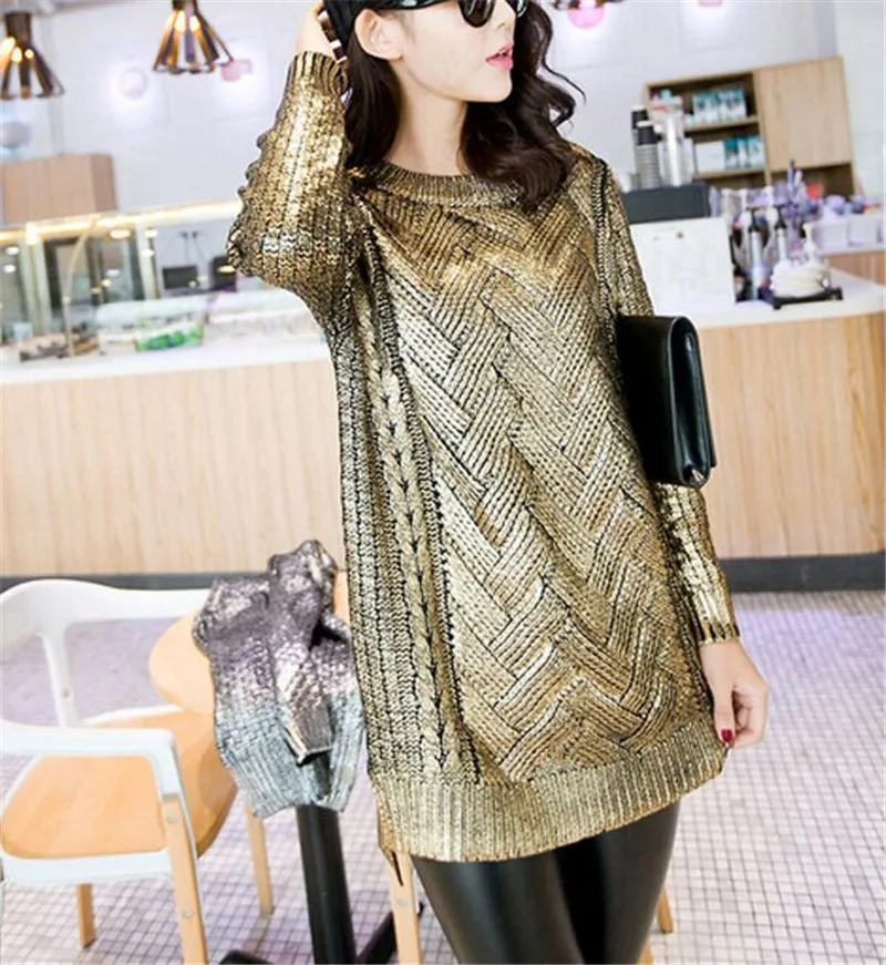 Shinny Bronzing Glitter Knitwear Ladies Gold Silver Round Neck Sweaters Casual Women Pullovers | Женская одежда