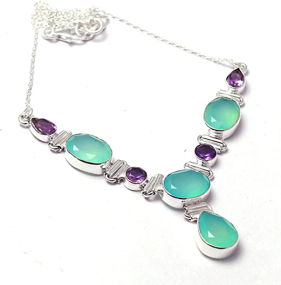 

Genuine Chalcedony + Amethyst Necklace 925 Sterling Silver, 44 cm,2SN0122