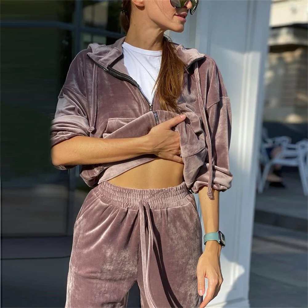 

Women's Tracksuit Set Casual Solid Long Sleeve Hooded Zipper Velvet Tracksuit Coat Lace Up Slacks Two Piece Pants Set Women Suit