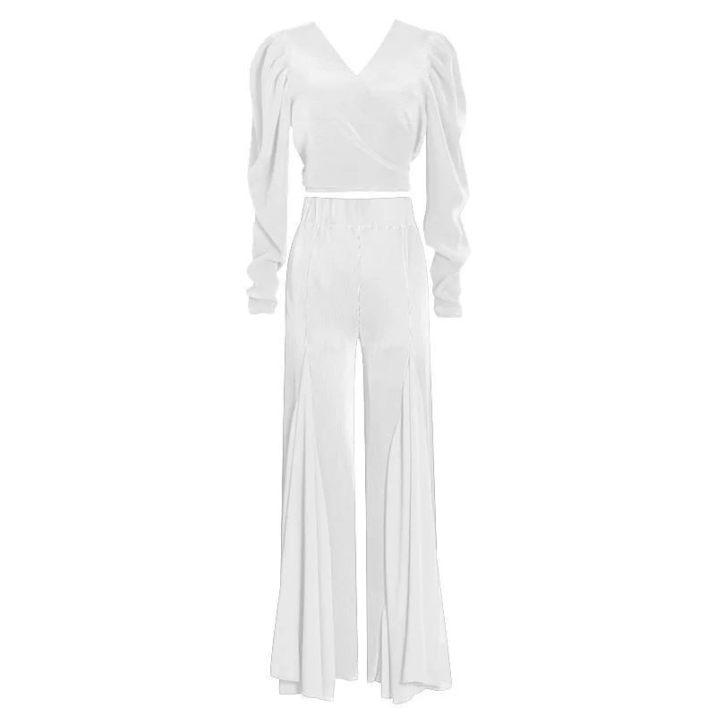 

2021 Summer Woman Suit T-Shirt V-Neck Puff Sleeve Tee Split Casual Set Lady Pants Loose Pleated Trouser