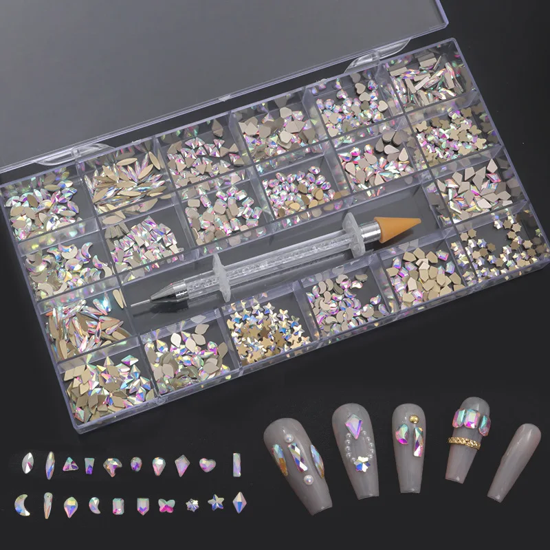 

1000Pcs/Box Mixed AB Glass Crystal Diamond In Grids 21 Shape And SS4-SS20 Flatback Nail Art Rhinestone Set With 1 Pick Up Pen