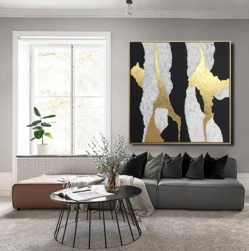 Акриловые абстрактные картины с золотыми листьями на холсте экстра большие
