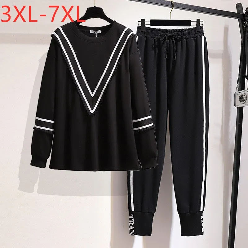 

New Ladies Autumn Winter Plus Size Women Large Loose Cotton Black Stripe T-shirt And Pants Two Piece sets 3XL 4XL 5XL 6XL 7XL