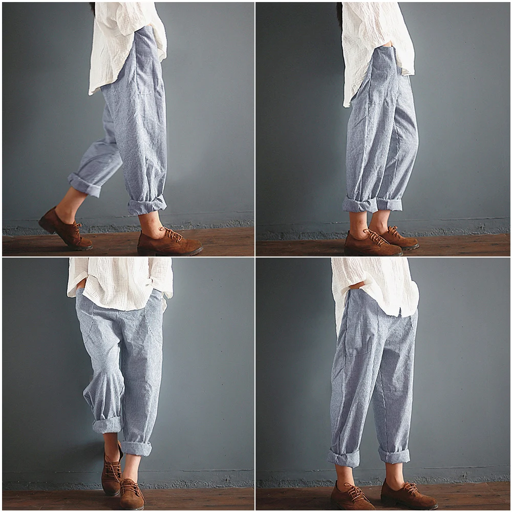 Женские брюки в полоску размера плюс свободные длинные шаровары с эластичным