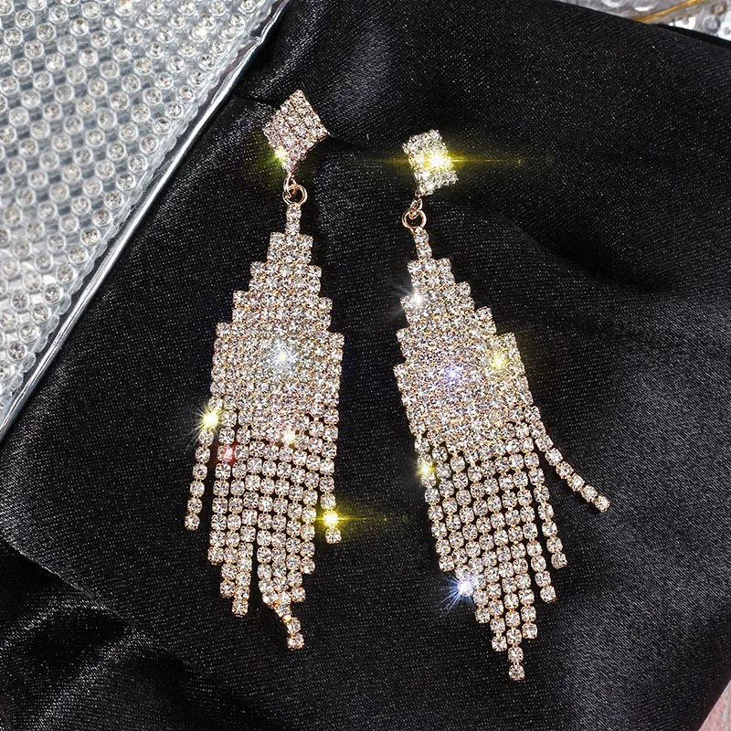 

Korean Luxury Full Rhinestones Long Tassel Dangle Earrings For Women Geometric Brincos Jewelry For Women Bijoux Party Wedding