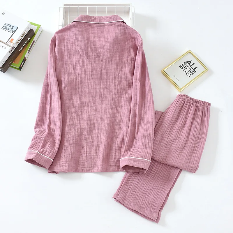 

Spring New Men And Women Couples Gauze Cotton Soft Breathable Full-Sleeve Simple Japanese Style Sleepwear Solid Color Homeware
